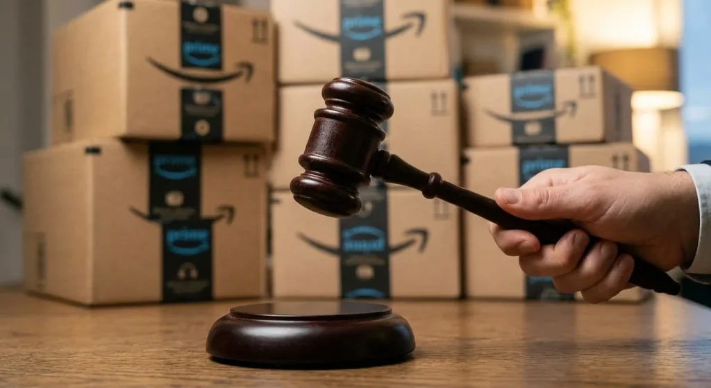 Un marteau d'enchères tenu à la main avec des colis Amazon Prime en arrière-plan, symbolisant l'algorithme Amazon A10 et le modèle Pay-to-Play des produits sponsorisés (PPC).