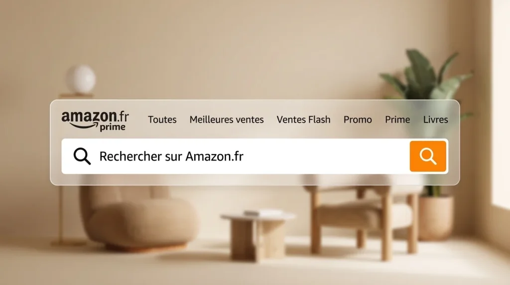 Gros plan sur l'interface de la barre de recherche Amazon.fr, symbolisant la décision de Jeff Bezos de recentrer l'algorithme A9 exclusivement sur son écosystème e-commerce après sa défaite face à Google.
