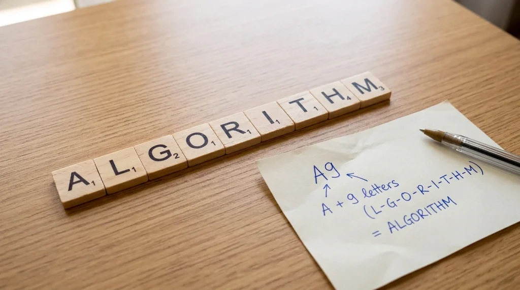 Explication du numéronyme de l'algorithme Amazon A9 : la lettre A du mot Algorithm, suivie de 9 lettres.